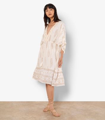 Apricot Off White Metallic Thread Paisley Pattern Midi Dress New