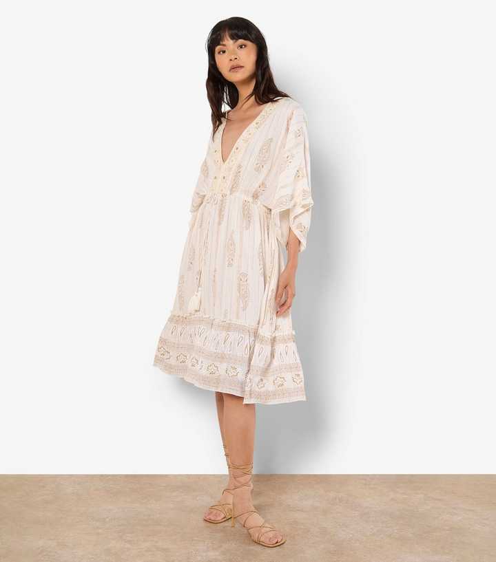 Apricot Off White Metallic Thread Paisley Pattern Midi Dress
