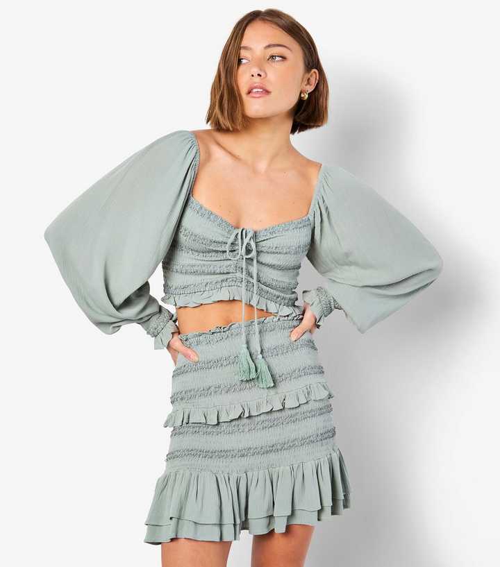 Apricot Mint Green Smocked Tassel Crop Top