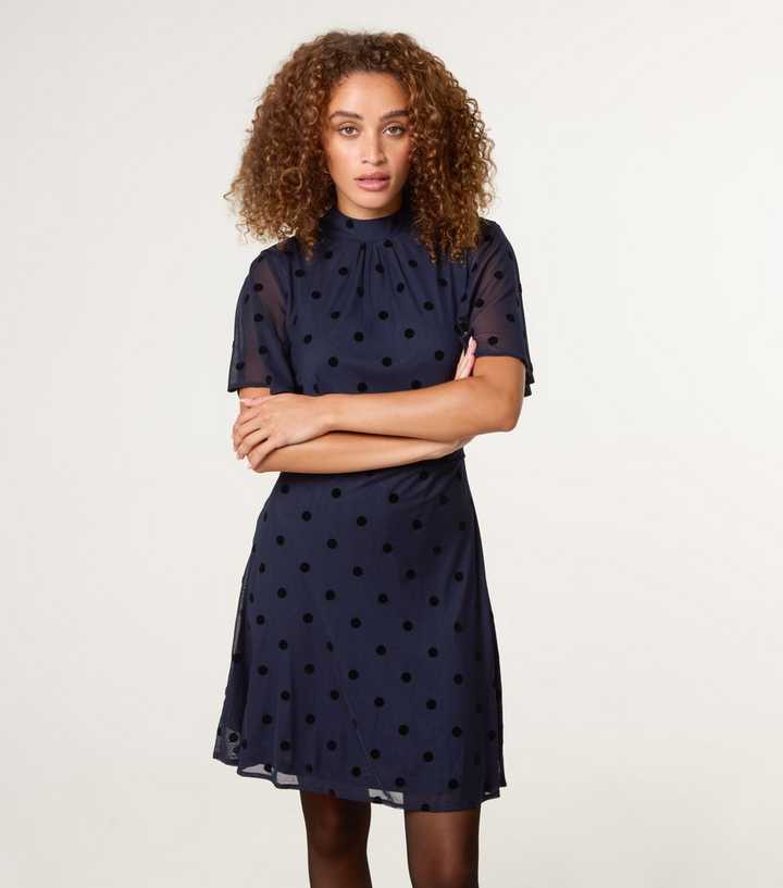 Blue Vanilla Navy Polka Dot Tie Back Dress New Look