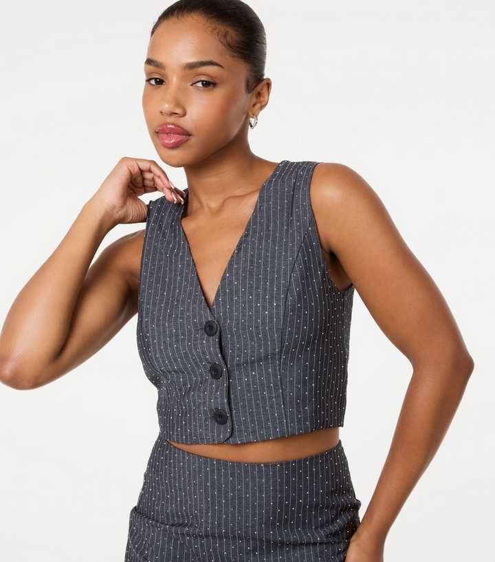 Pink Vanilla Grey Striped Diamante Embellished Waistcoat