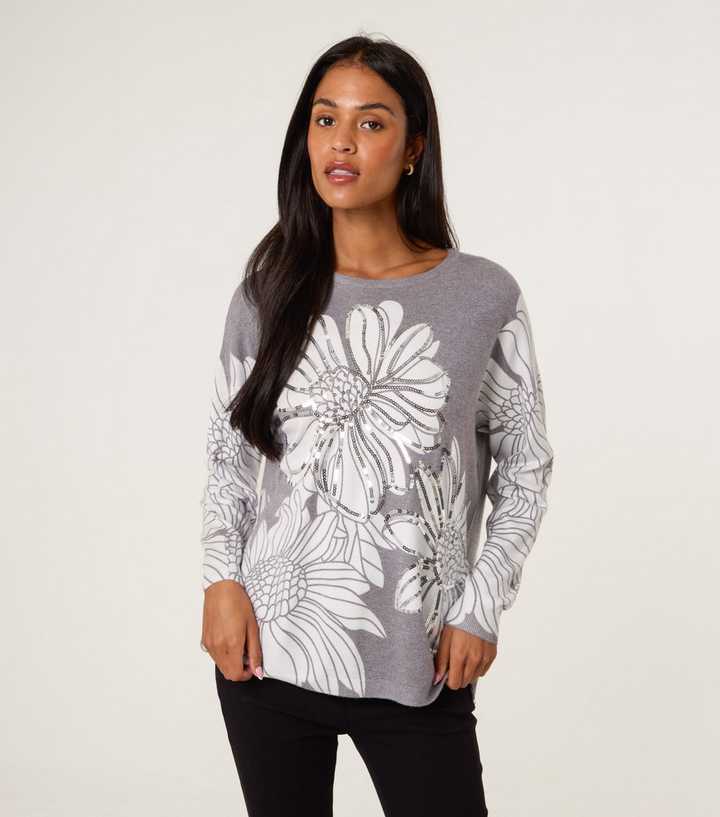 Blue Vanilla Grey Floral Sequin Embellished Jumper