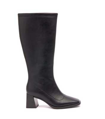 London Rebel Black Faux Leather Block Heel Knee High Boots