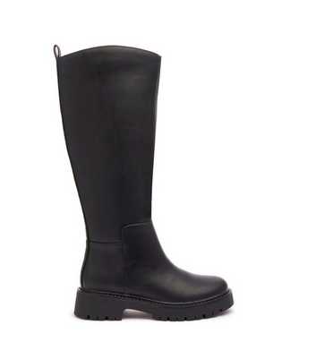 London Rebel Black Faux Leather Knee High Chunky Boots