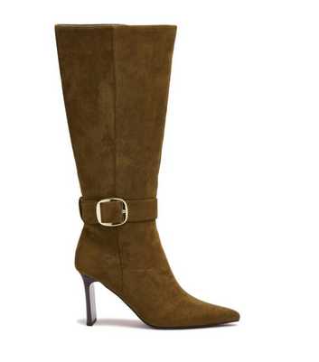 London Rebel Khaki Buckle Trim Faux Suede Knee High Boots