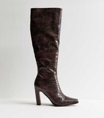 Public Desire Brown Acquilla Faux Croc Knee High Boots