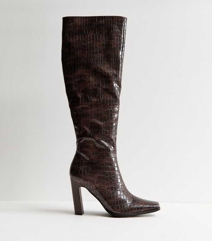 Public Desire Brown Acquilla Faux Croc Knee High Boots