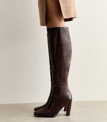 ココハイ Public Desire Brown Acquilla Faux Croc Knee High Boots | New Look