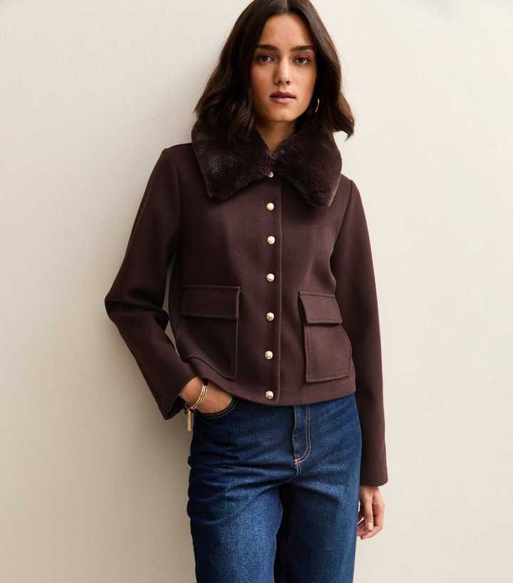 Dark Brown Faux Fur Collar Short Shacket