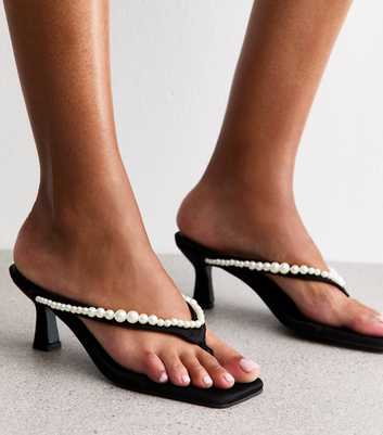Public Desire Black Everpearl Faux Pearl Embellished Thong Strap Mules
