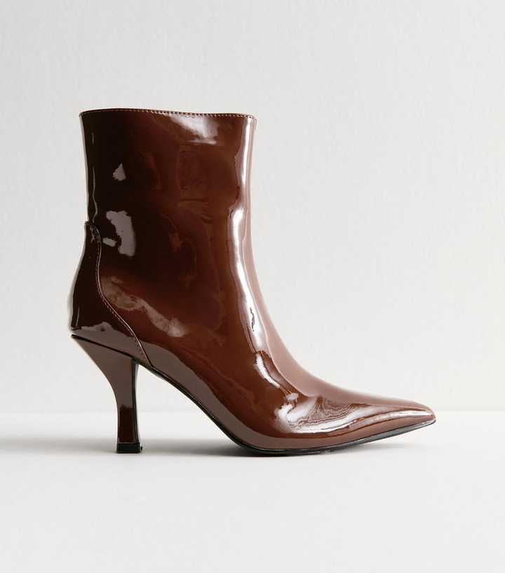 Public Desire Dark Brown Grunge Faux Patent Leather Ankle Boots