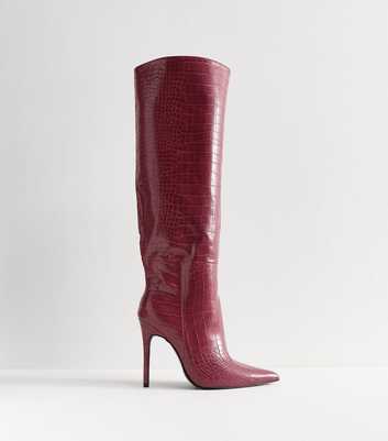 Public Desire Dark Burgundy Nova Crocodile Embossed Knee High Boots
