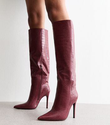 Public Desire Dark Burgundy Nova Crocodile Embossed Knee High Boots
