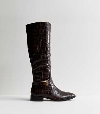 Public Desire Dark Brown Crocodile Effect Faux Leather Boots