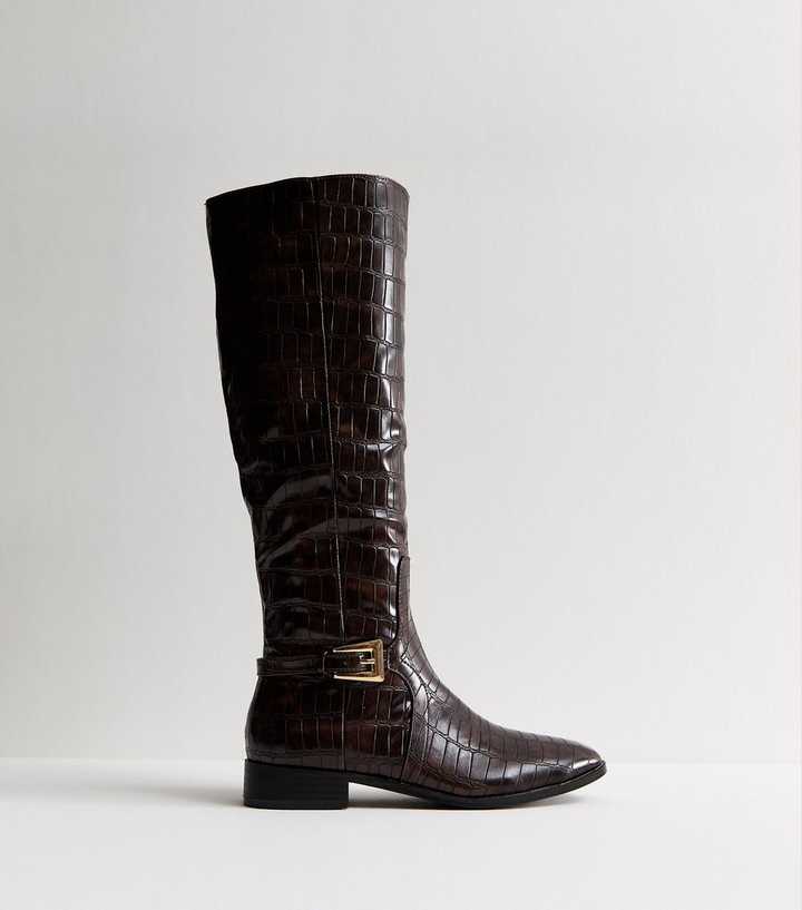 Public Desire Dark Brown Crocodile Effect Faux Leather Boots