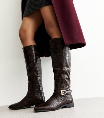 Public Desire Dark Brown Crocodile Effect Faux Leather Boots | New
