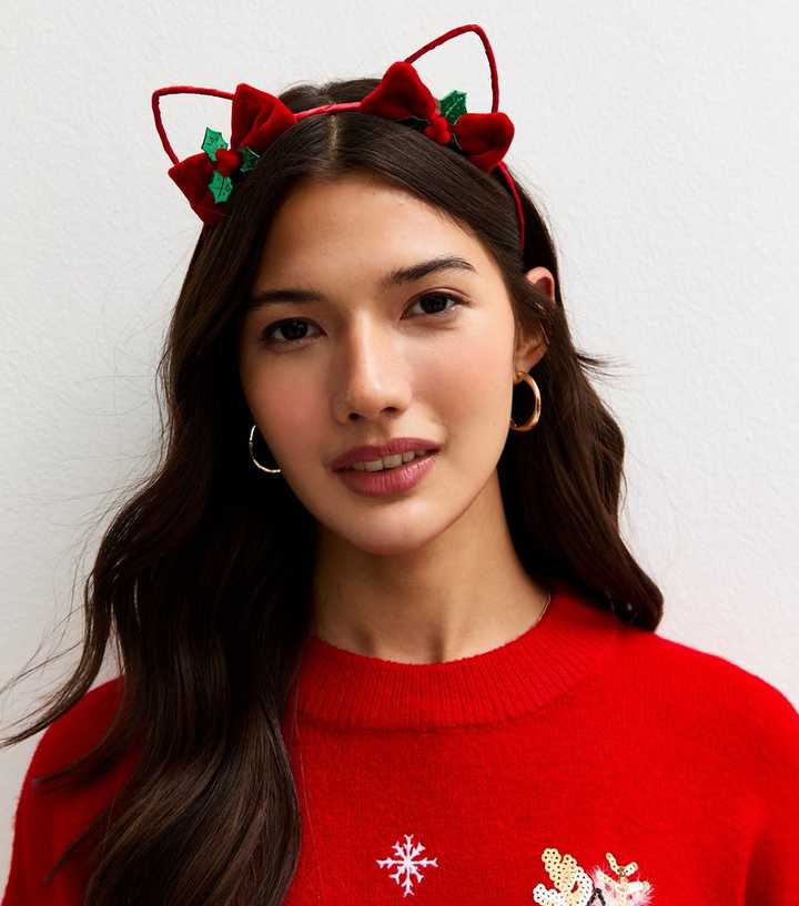 Bright Red Christmas Bow Holly Cat Ears Headband