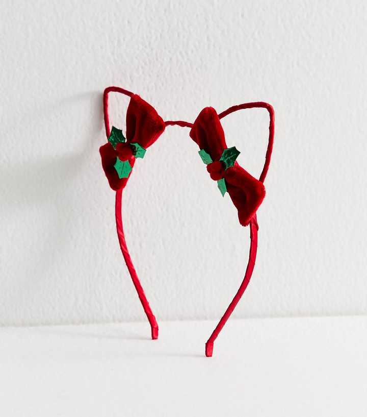 Bright Red Christmas Bow Holly Cat Ears Headband | New Look display picture 3