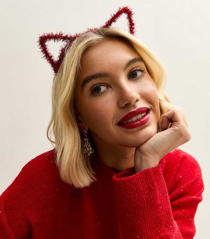 Red Christmas Tinsel Cat Ear Headband