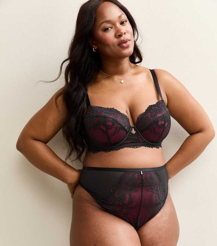 Curves Black Contrast Lace High Waisted Briefs