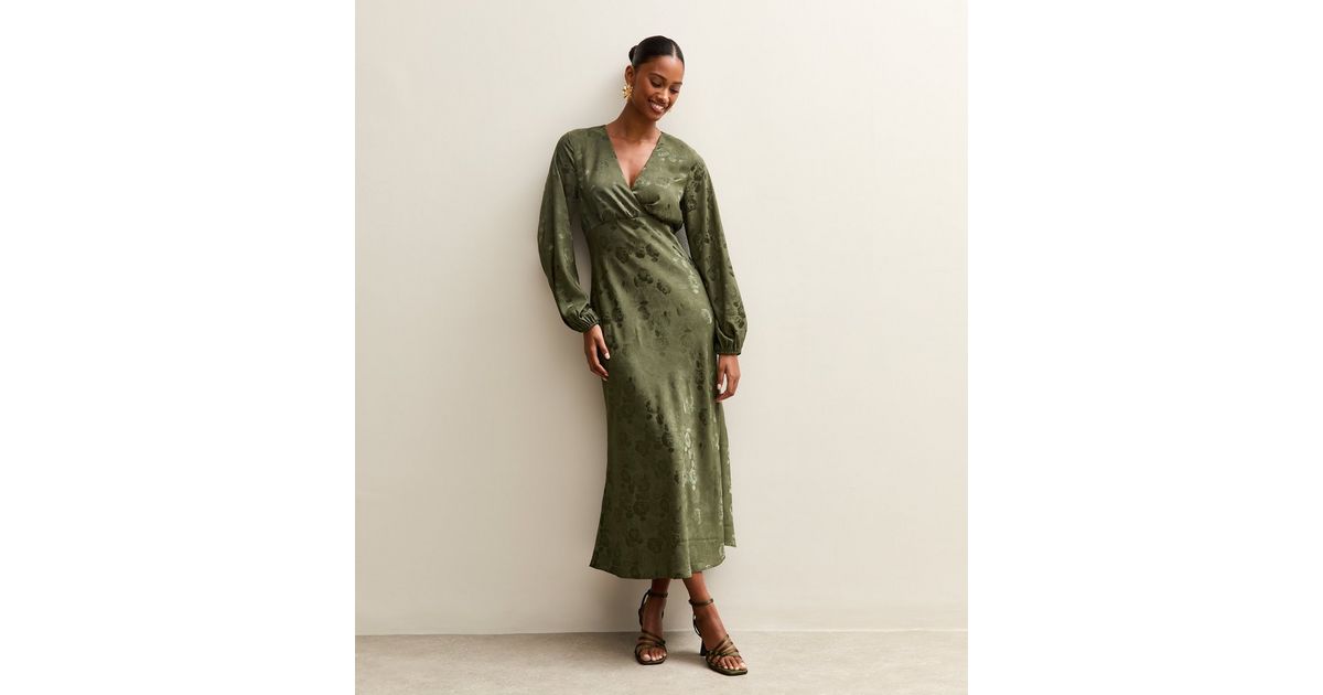 Dark Green Floral Jacquard Midi Dress New Look