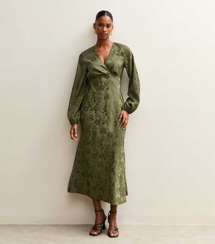 Dark Green Floral Jacquard Midi Dress | New Look
