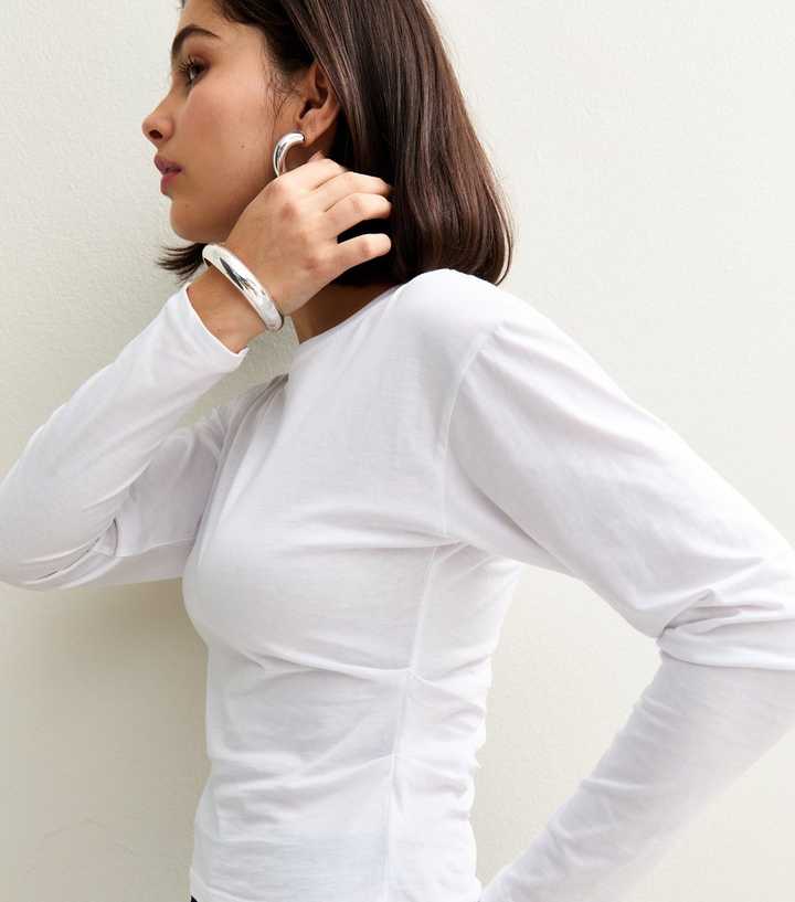 White Long Sleeve Pleated Side Corset Top