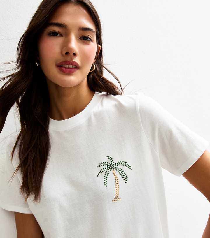 White Embellished Palm Tree T-Shirt