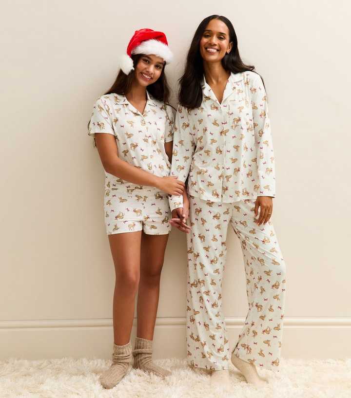 White Deer Print Revere Collar Shirt and Trousers Pyjama Set