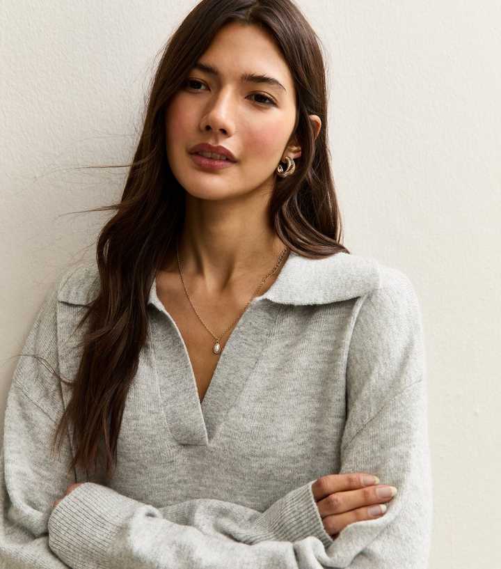 Light Grey Open Collar Polo Jumper