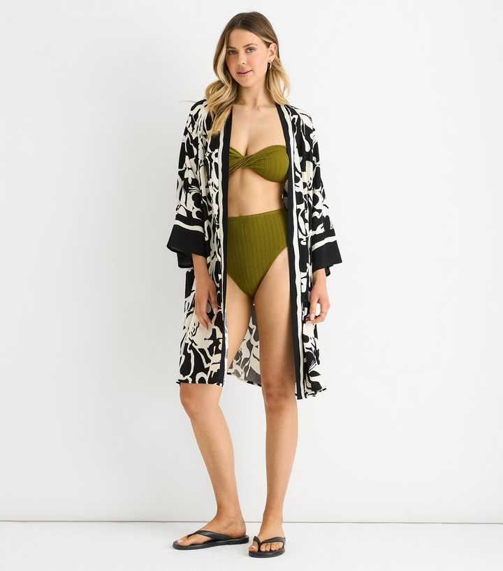 Gini London Black Summer Border Print Beach Kimono