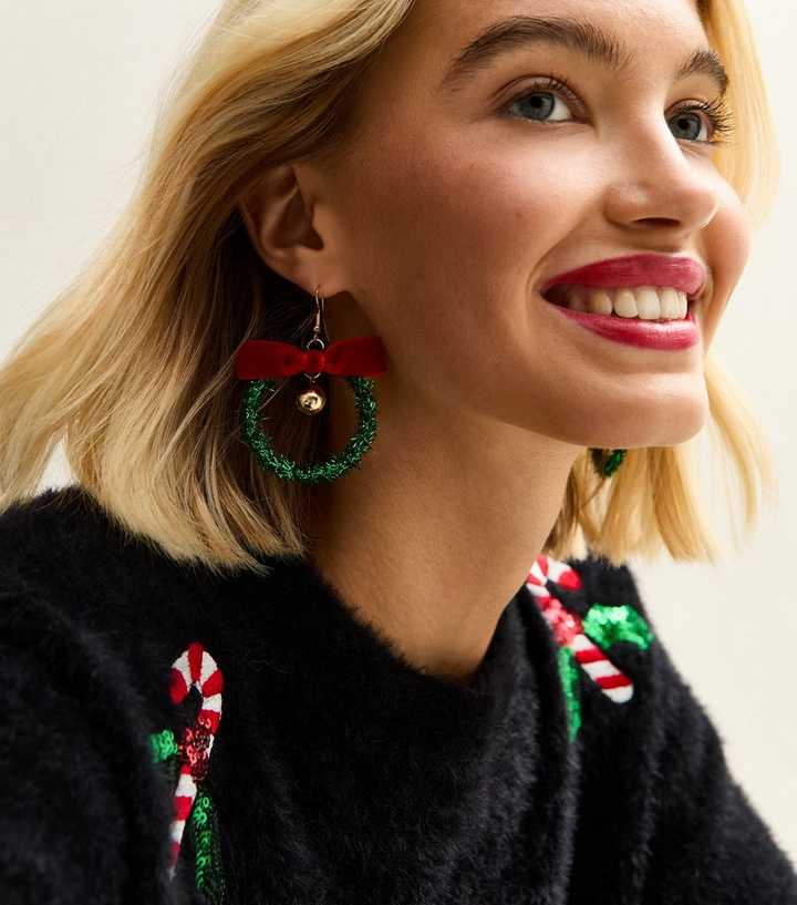 Christmas Tinsel Bow Wreath Earrings