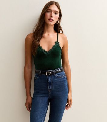 Dark Green Velvet Lace Trim Bodysuit
