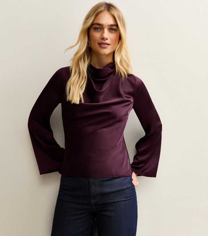 Burgundy Satin Cowl Neck Long Sleeve Top