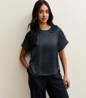 Navy Satin Short Raglan Sleeve Top