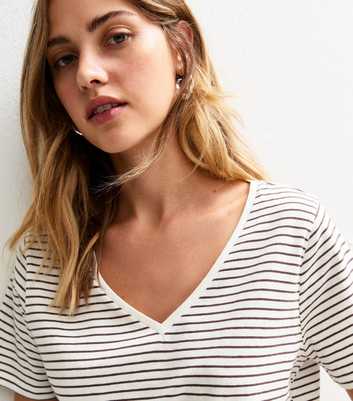 Brown Stripe Print Relaxed Fit V-Neck T-Shirt