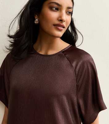 Burgundy Textured Satin Crew Neck Top