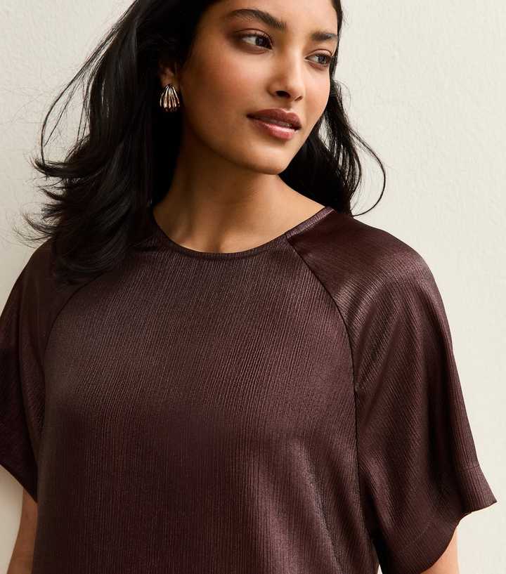 Burgundy Textured Satin Crew Neck Top