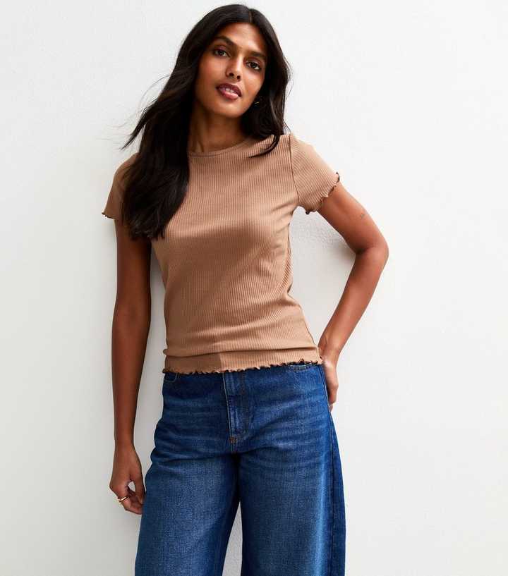 Brown Ribbed Frilly Trim T-Shirt