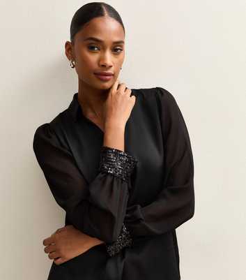 Black Open Neck Sequin Cuff Long Sleeve Satin Shirt