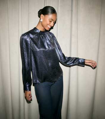 Navy Metallic High Neck Blouse