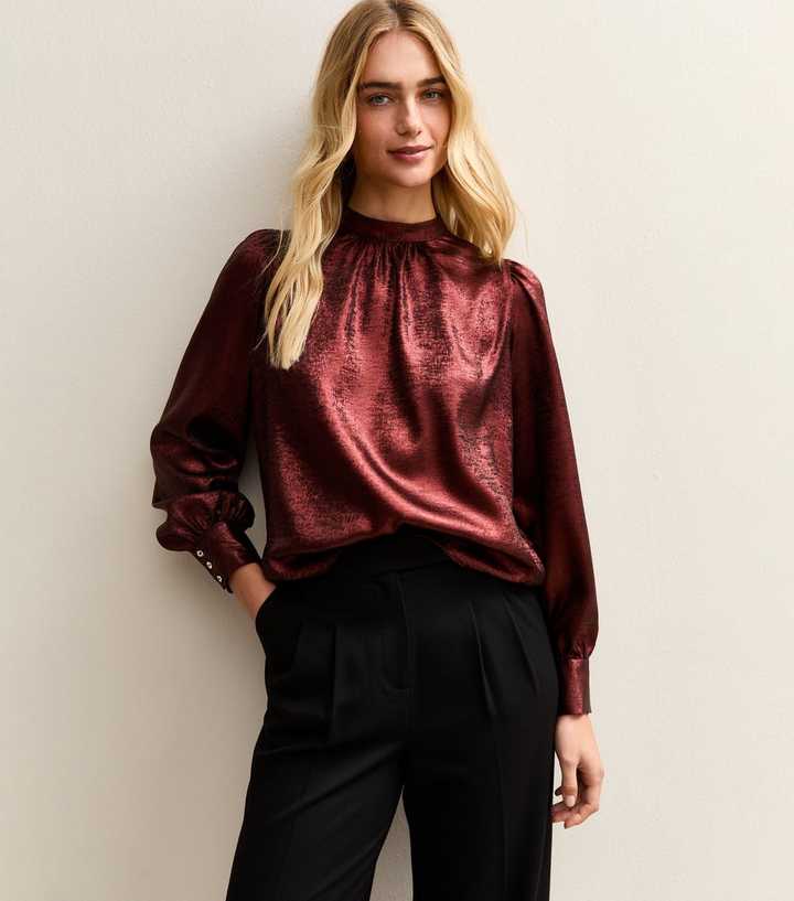 Dark Burgundy Metallic High Neck Blouse