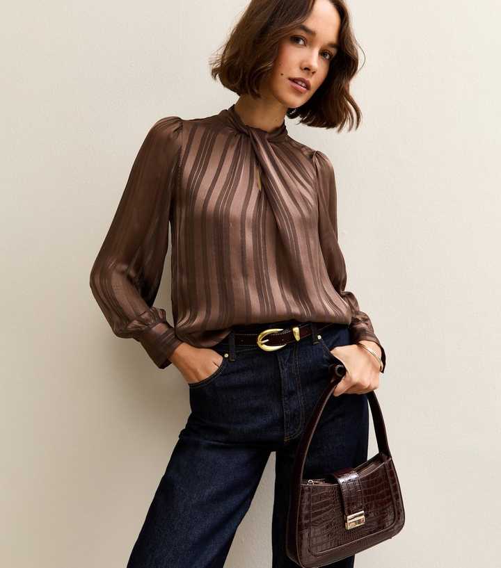 Dark Brown Metallic Stripe High Neck Blouse