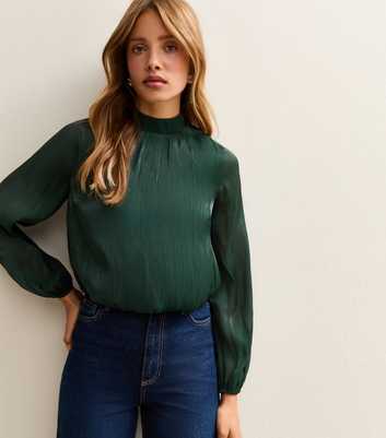 Green Shimmer High Neck Long Sleeve Bubble Hem Top