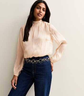 Pale Pink Shimmer High Neck Bubble Hem Blouse