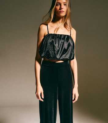 Black Satin Studded Bubble Crop Top