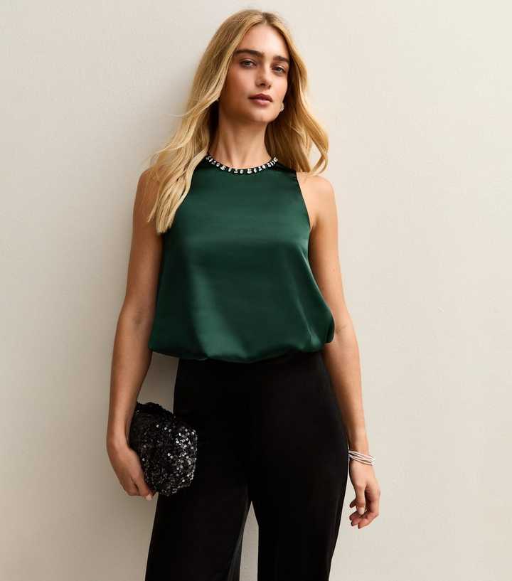 Dark Green Satin Bubble Hem Top