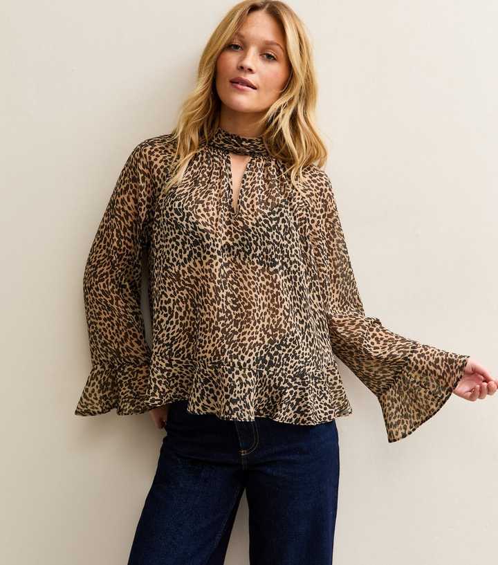 Brown Animal Print High Neck Keyhole Blouse