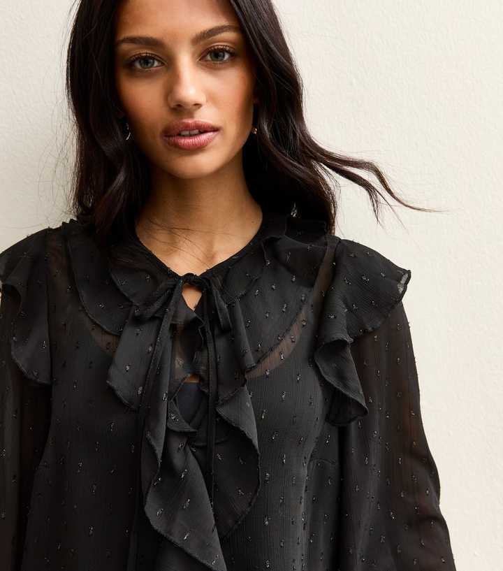Black Metallic Spot Frilly Trimmed Blouse