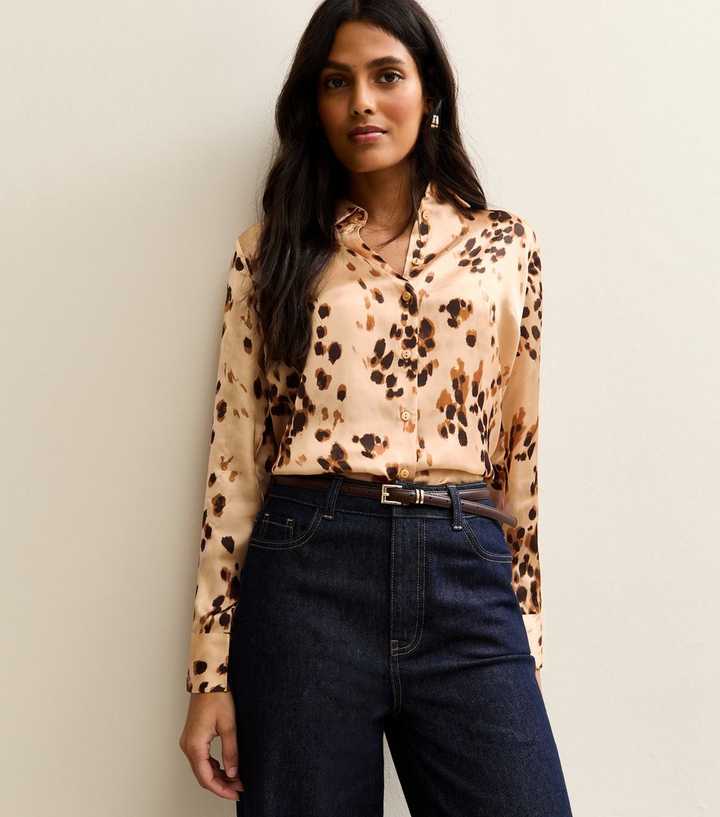Brown Satin Printed Long Sleeve Shirt